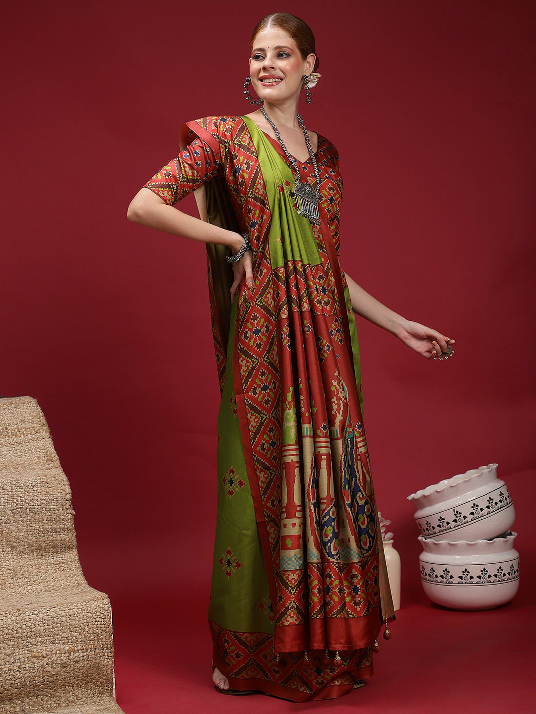 GULABI NAGRI-Rust Red & Olive Green Heritage Weave Saree