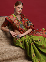 GULABI NAGRI-Rust Red & Olive Green Heritage Weave Saree