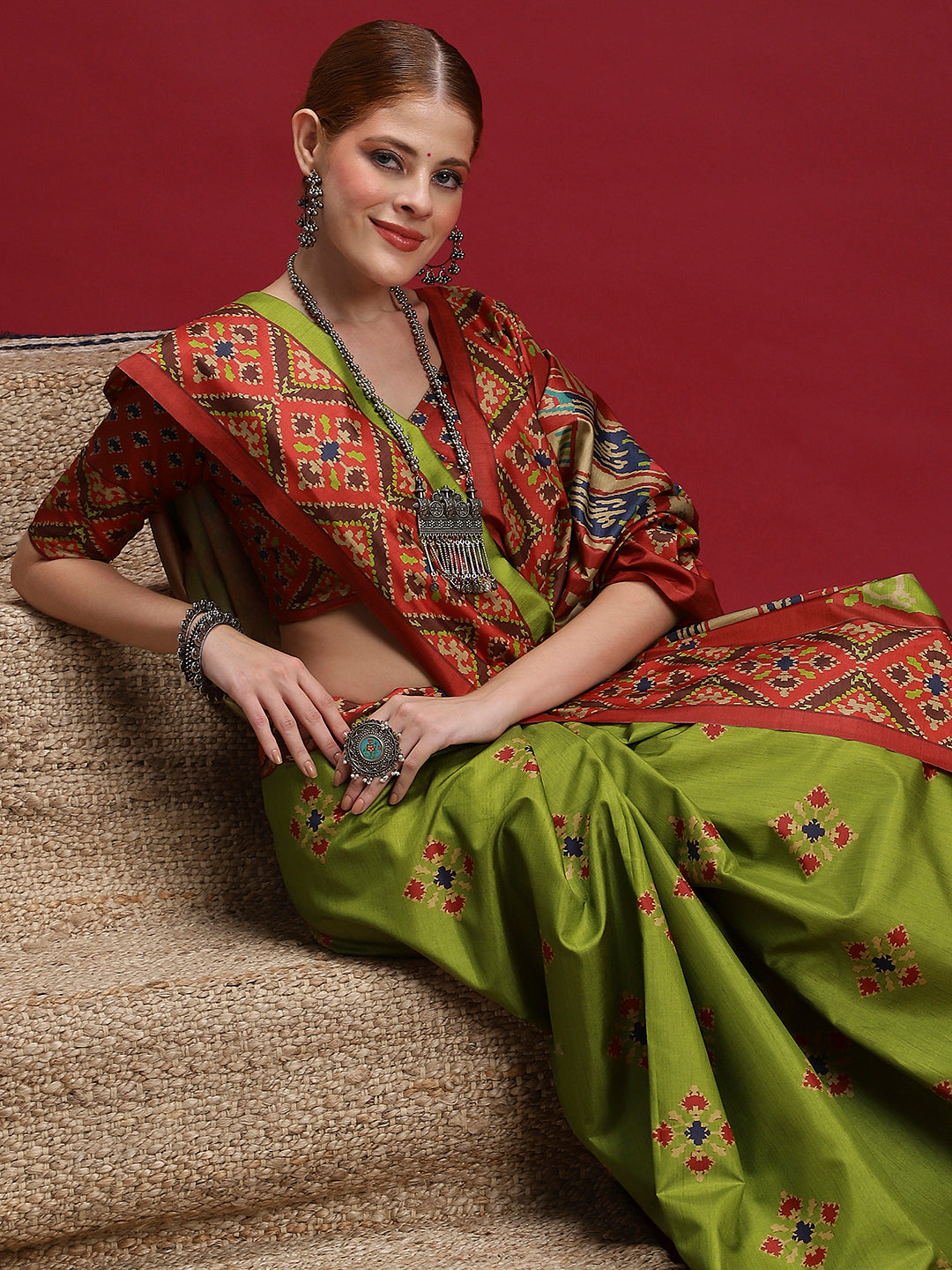 GULABI NAGRI-Rust Red & Olive Green Heritage Weave Saree