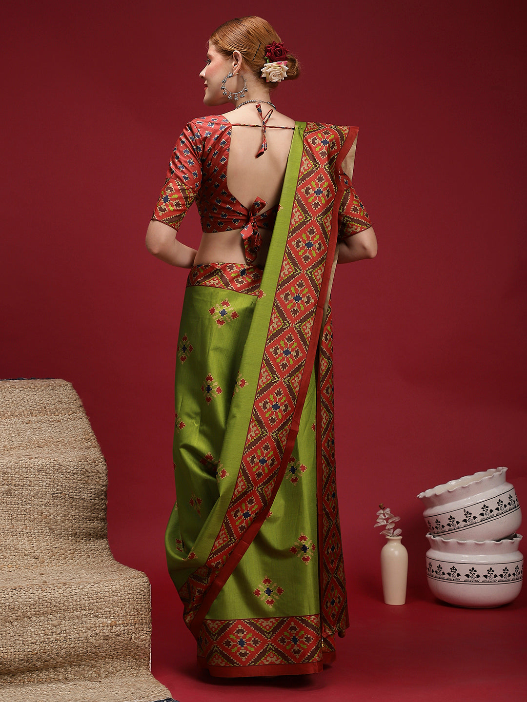 GULABI NAGRI-Rust Red & Olive Green Heritage Weave Saree