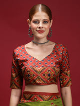 GULABI NAGRI-Rust Red & Olive Green Heritage Weave Saree