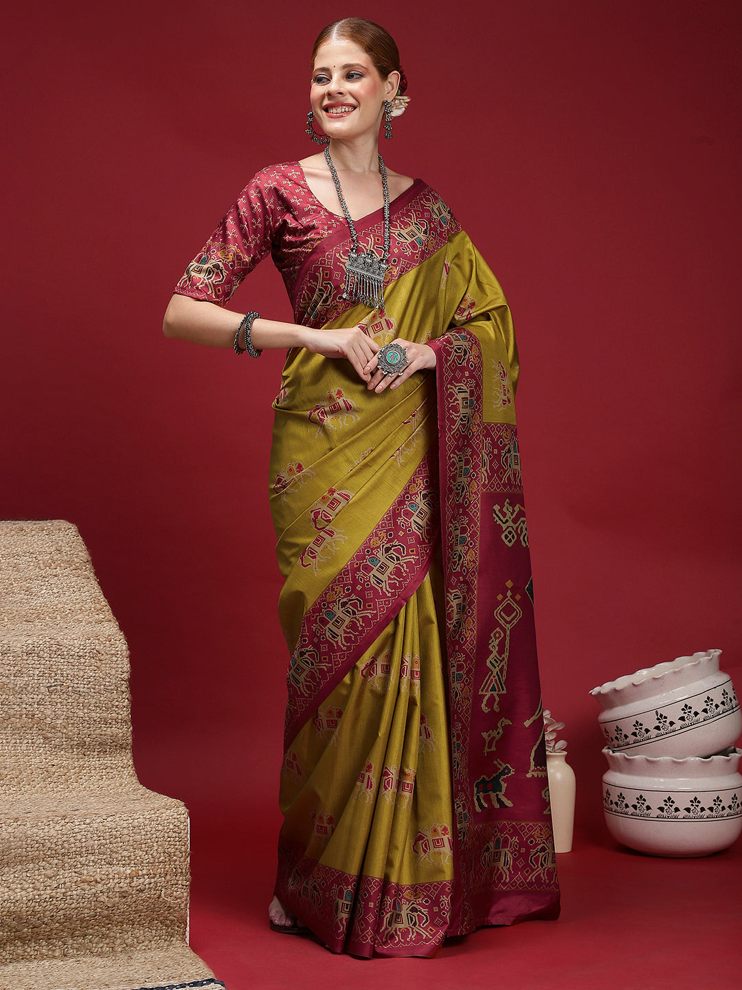 GULABI NAGRI-Royal Mustard & Magenta Tribal Weave Saree