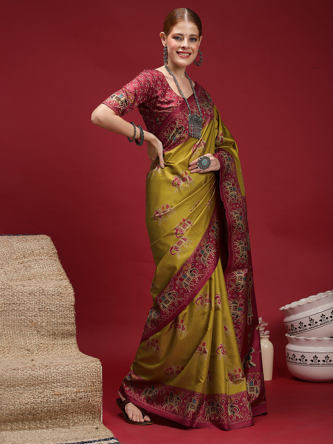 GULABI NAGRI-Royal Mustard & Magenta Tribal Weave Saree
