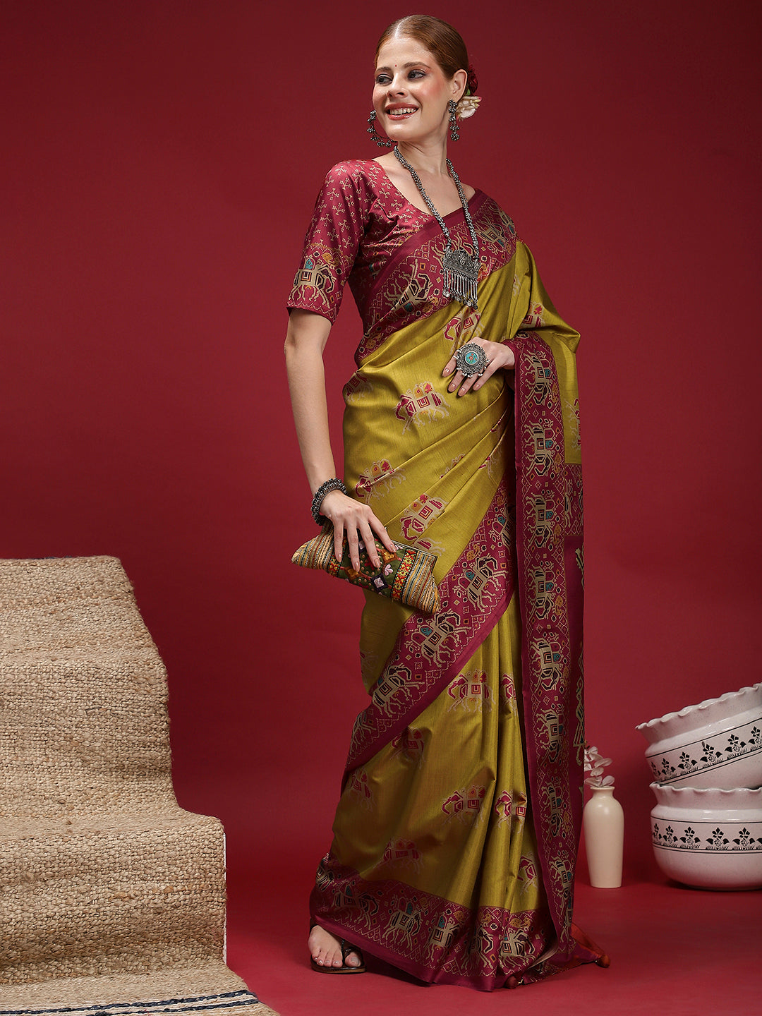 GULABI NAGRI-Royal Mustard & Magenta Tribal Weave Saree