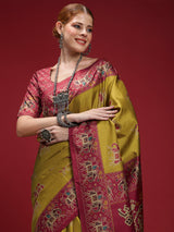 GULABI NAGRI-Royal Mustard & Magenta Tribal Weave Saree