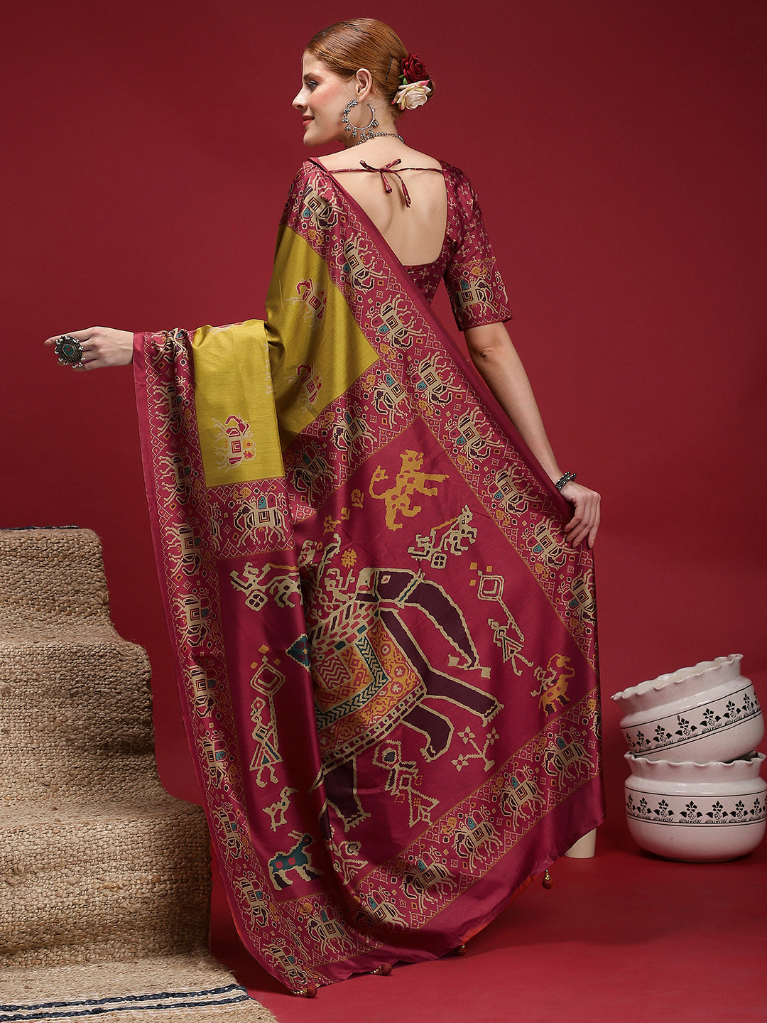 GULABI NAGRI-Royal Mustard & Magenta Tribal Weave Saree