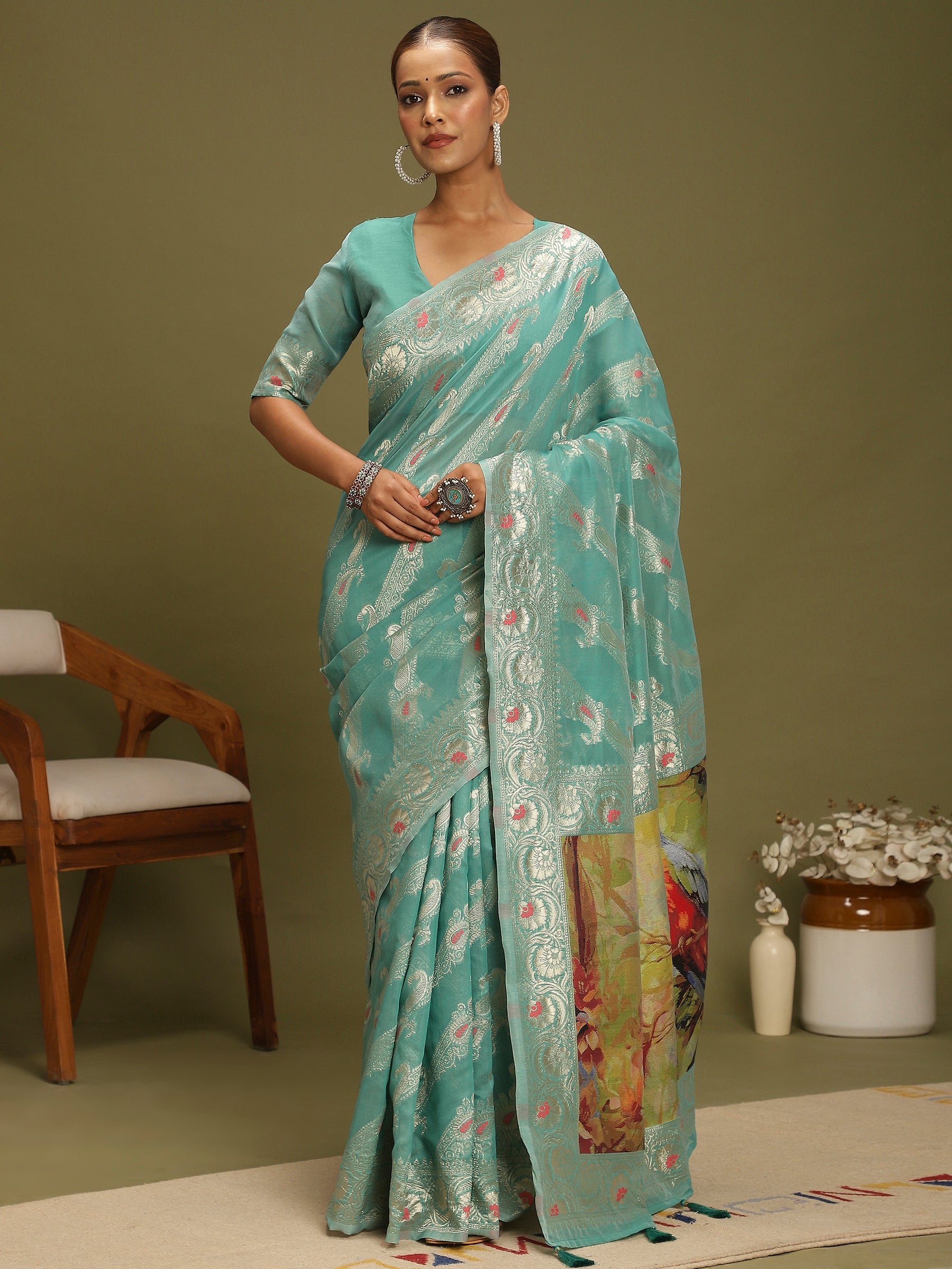 VANAYA Aqua Whisper Floral Heritage Saree