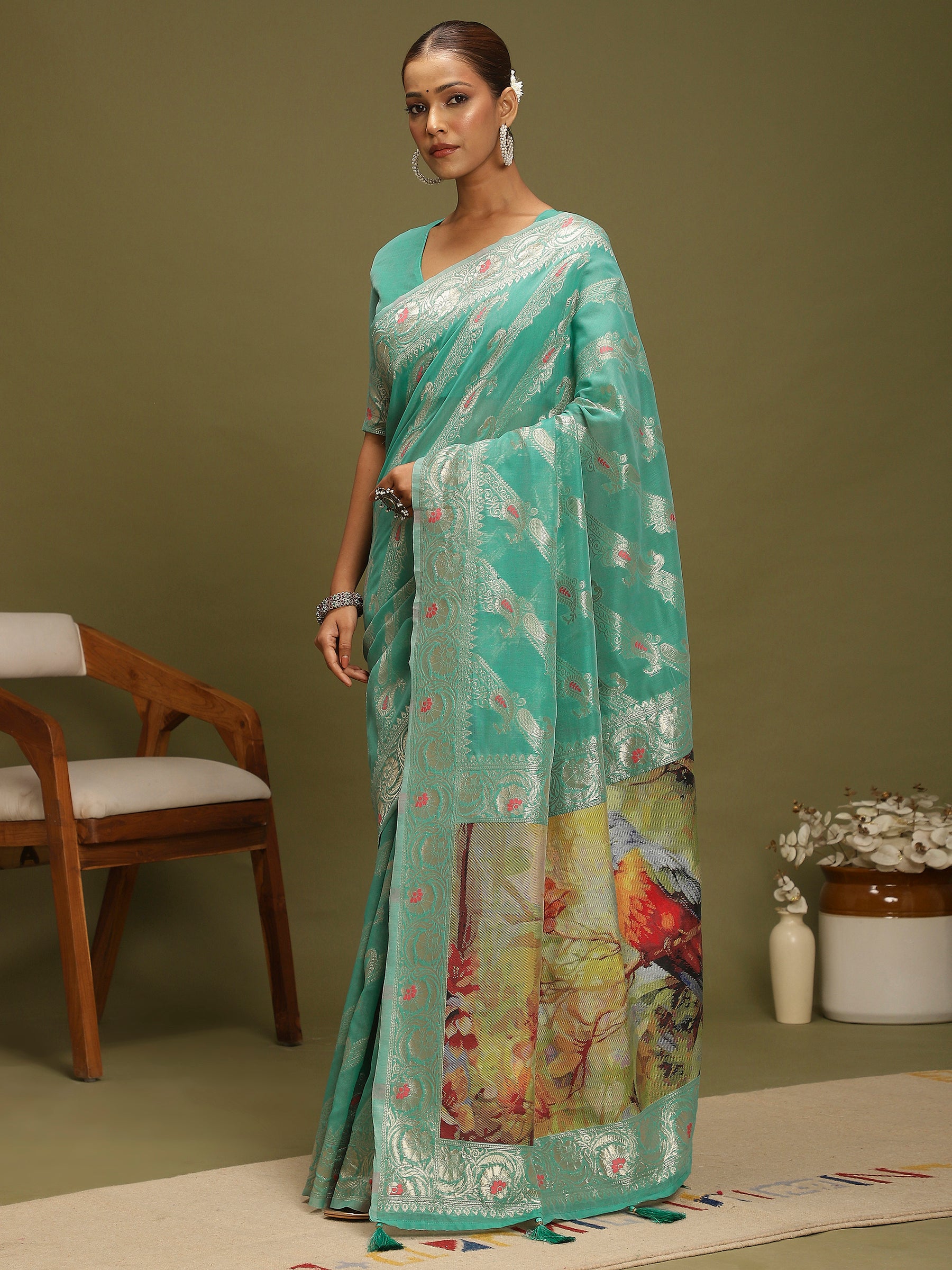 VANAYA Aqua Whisper Floral Heritage Saree