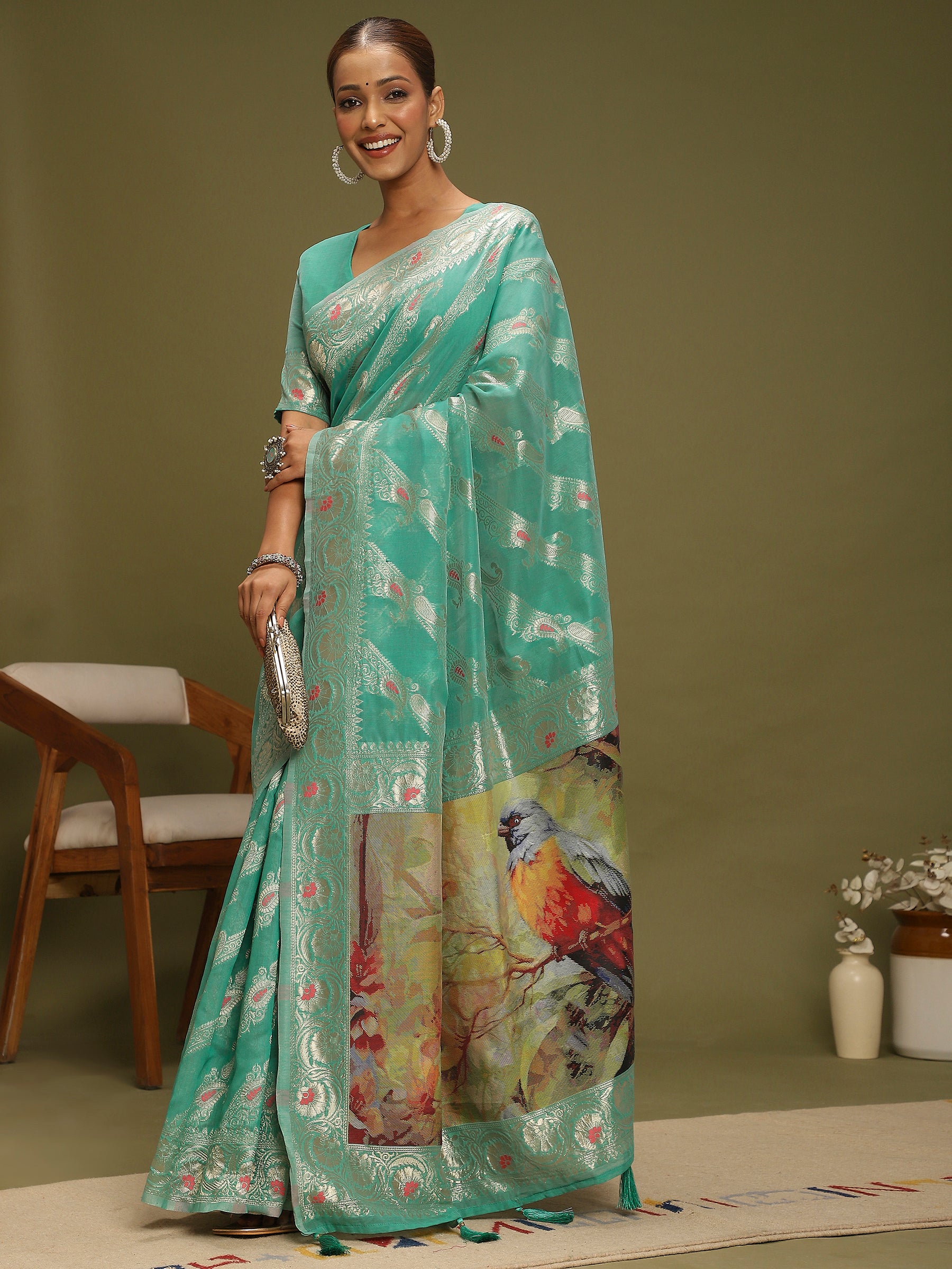 VANAYA Aqua Whisper Floral Heritage Saree