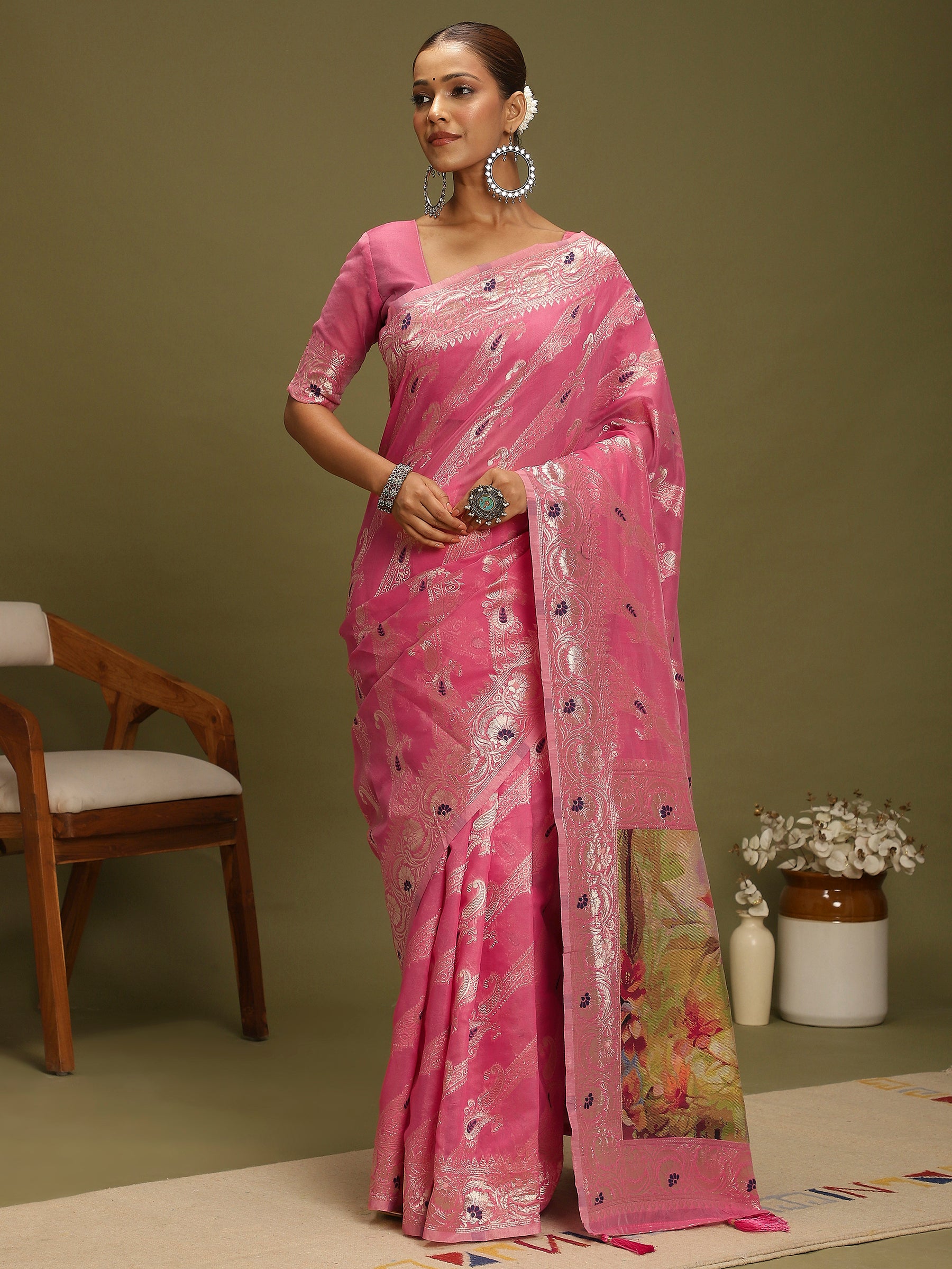 VANAYA Rosy Royale Silver Zari Saree