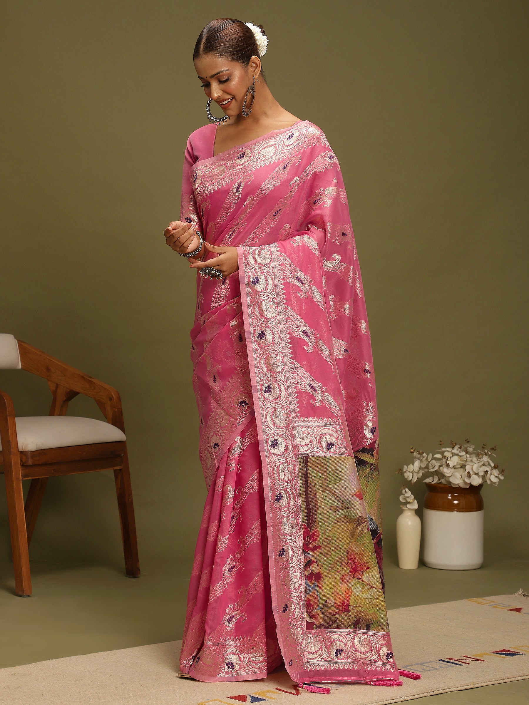 VANAYA Rosy Royale Silver Zari Saree