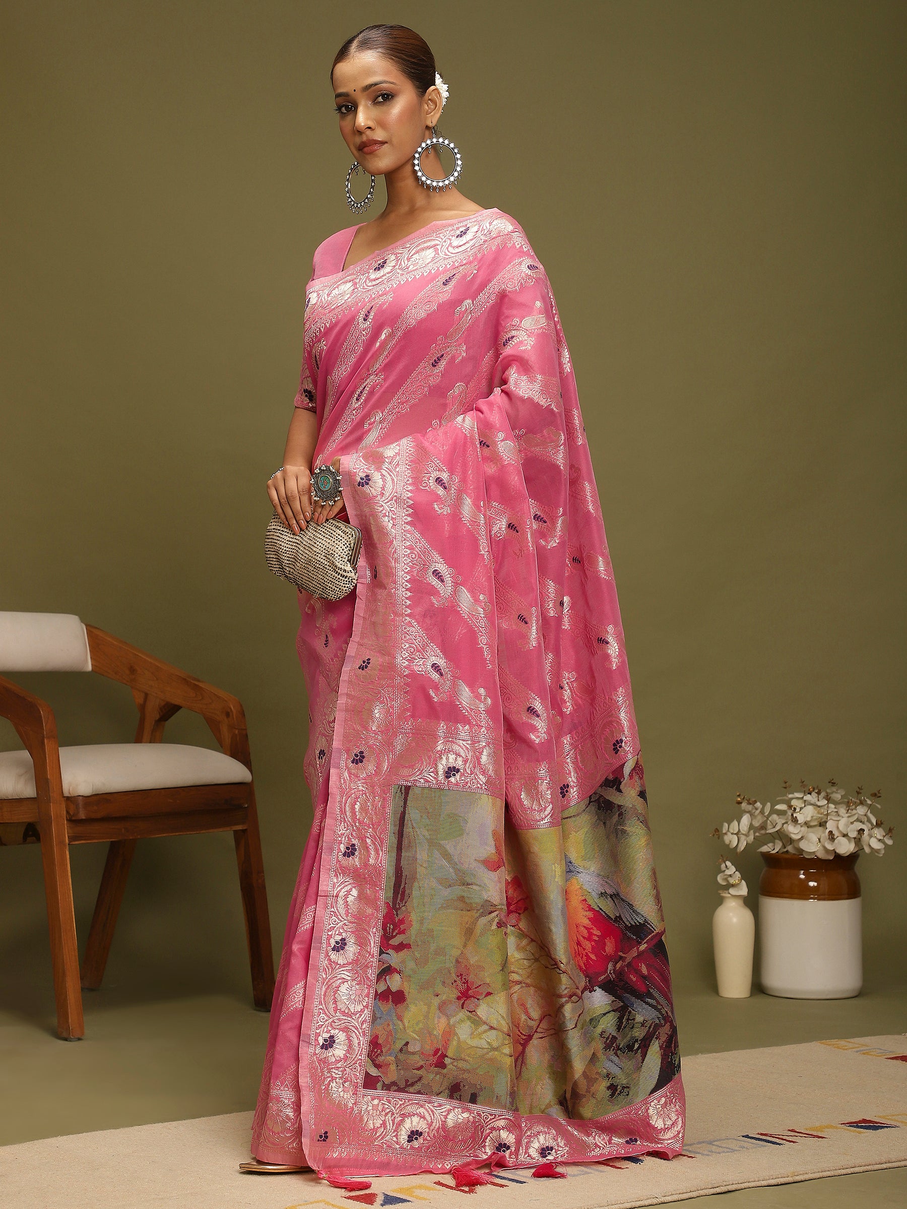 VANAYA Rosy Royale Silver Zari Saree