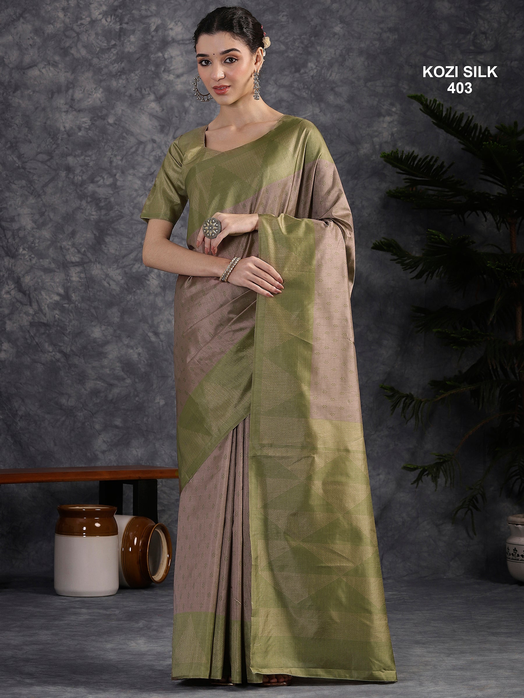 KOZI SILK-Elegant Dusty Mauve & Olive Green Kozi Silk Saree with Geometric Woven Border and Rich Pallu