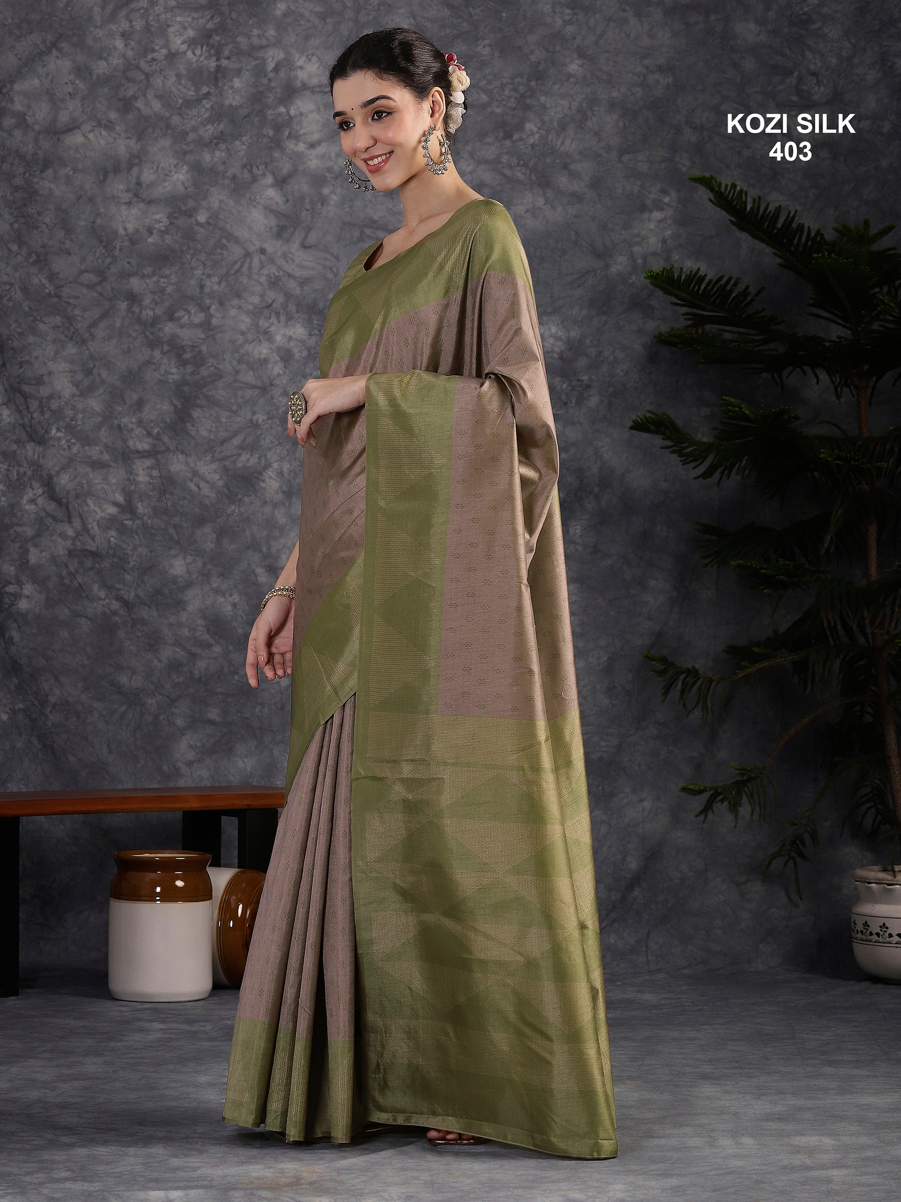 KOZI SILK-Elegant Dusty Mauve & Olive Green Kozi Silk Saree with Geometric Woven Border and Rich Pallu