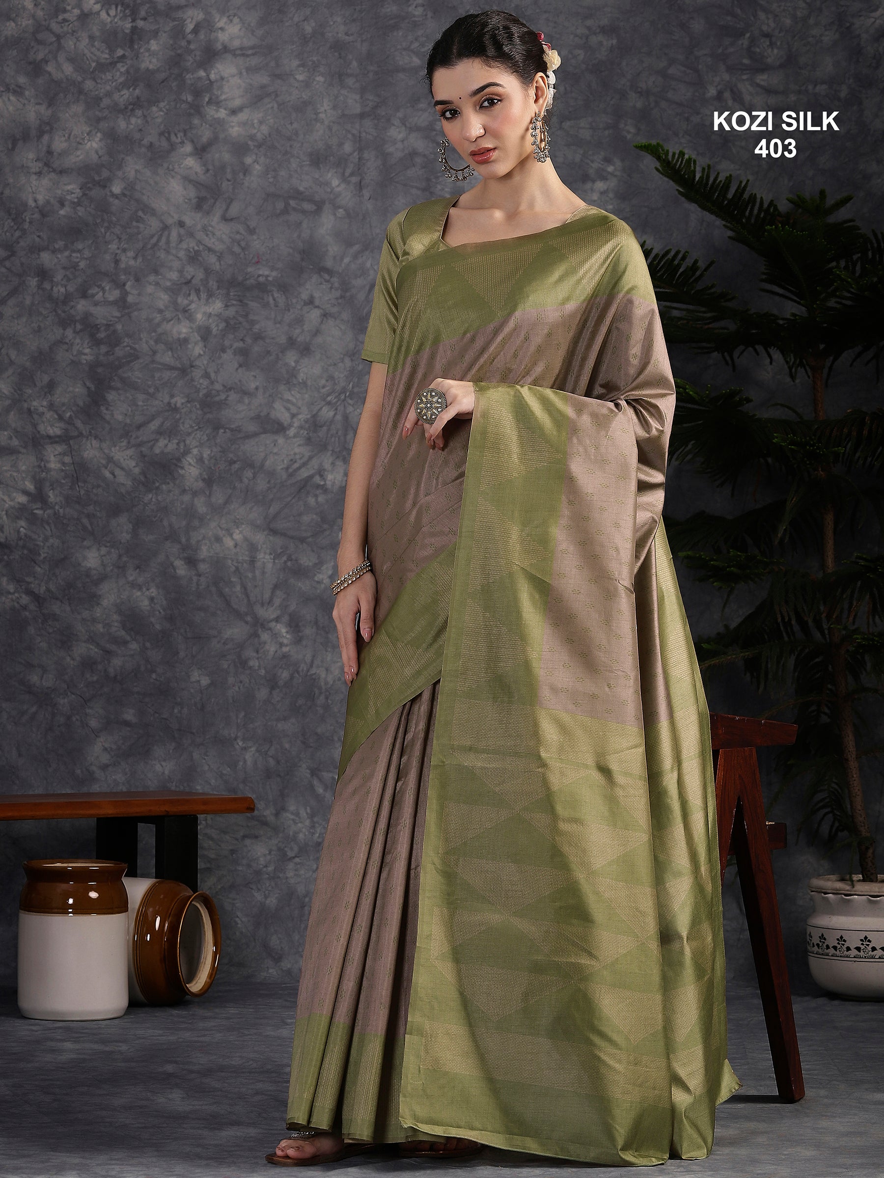 KOZI SILK-Elegant Dusty Mauve & Olive Green Kozi Silk Saree with Geometric Woven Border and Rich Pallu