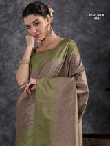 KOZI SILK-Elegant Dusty Mauve & Olive Green Kozi Silk Saree with Geometric Woven Border and Rich Pallu