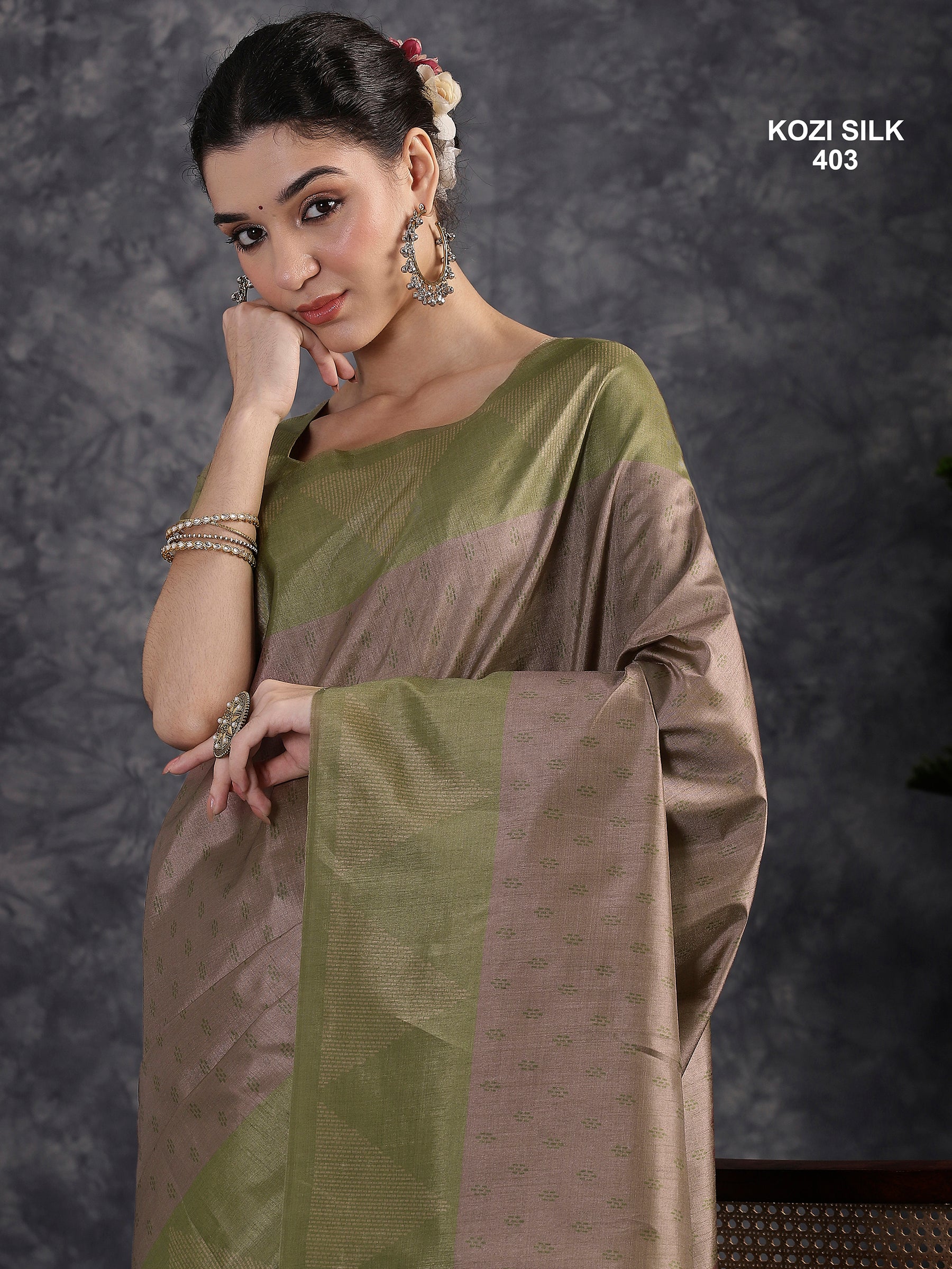 KOZI SILK-Elegant Dusty Mauve & Olive Green Kozi Silk Saree with Geometric Woven Border and Rich Pallu