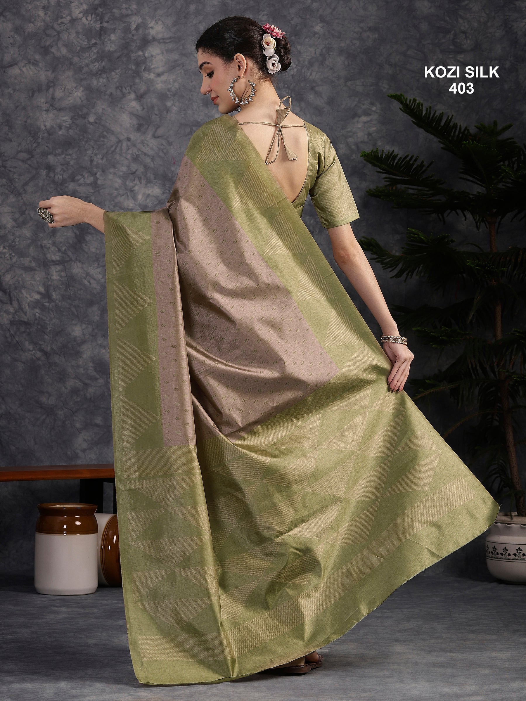 KOZI SILK-Elegant Dusty Mauve & Olive Green Kozi Silk Saree with Geometric Woven Border and Rich Pallu