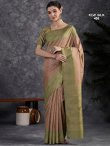 KOZI SILK-Elegant Dusty Rose Kozi Silk Saree with Olive Green Geometric Zari Border & Rich Pallu