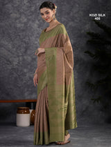 KOZI SILK-Elegant Dusty Rose Kozi Silk Saree with Olive Green Geometric Zari Border & Rich Pallu