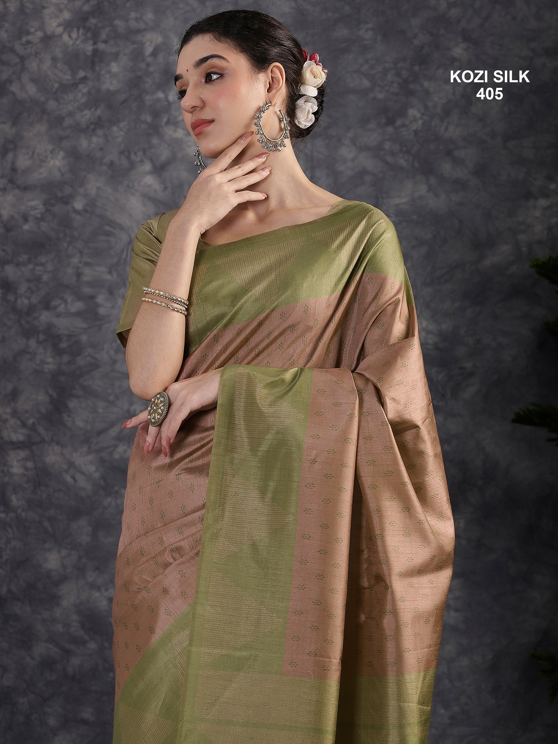 KOZI SILK-Elegant Dusty Rose Kozi Silk Saree with Olive Green Geometric Zari Border & Rich Pallu