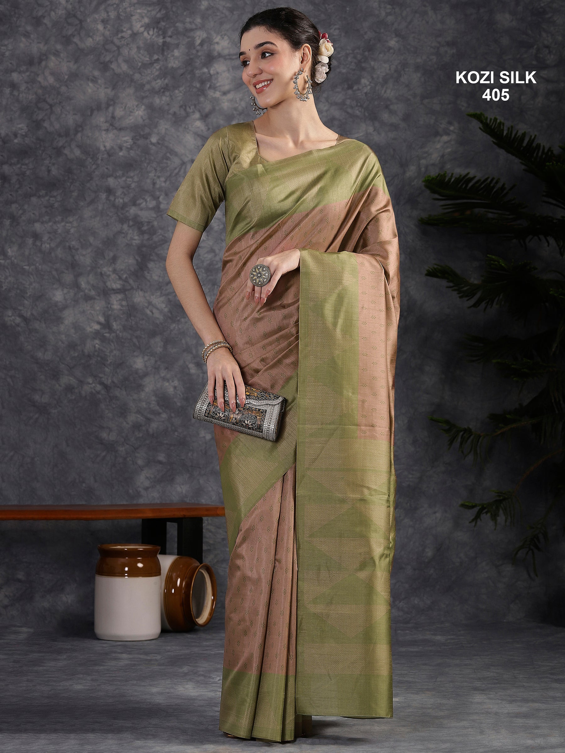 KOZI SILK-Elegant Dusty Rose Kozi Silk Saree with Olive Green Geometric Zari Border & Rich Pallu