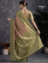 KOZI SILK-Elegant Dusty Rose Kozi Silk Saree with Olive Green Geometric Zari Border & Rich Pallu