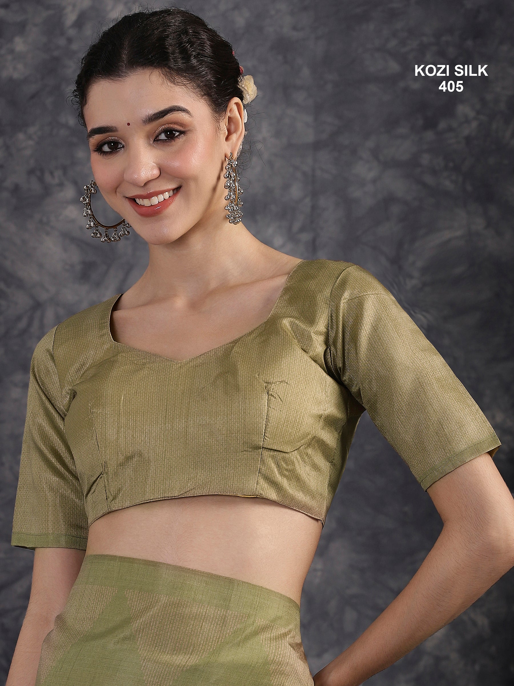 KOZI SILK-Elegant Dusty Rose Kozi Silk Saree with Olive Green Geometric Zari Border & Rich Pallu