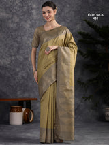 KOZI SILK-Elegant Golden Beige Kozi Silk Saree with Geometric Zari Border & Rich Pallu