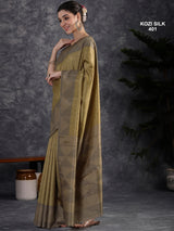 KOZI SILK-Elegant Golden Beige Kozi Silk Saree with Geometric Zari Border & Rich Pallu