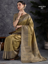 KOZI SILK-Elegant Golden Beige Kozi Silk Saree with Geometric Zari Border & Rich Pallu