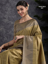 KOZI SILK-Elegant Golden Beige Kozi Silk Saree with Geometric Zari Border & Rich Pallu
