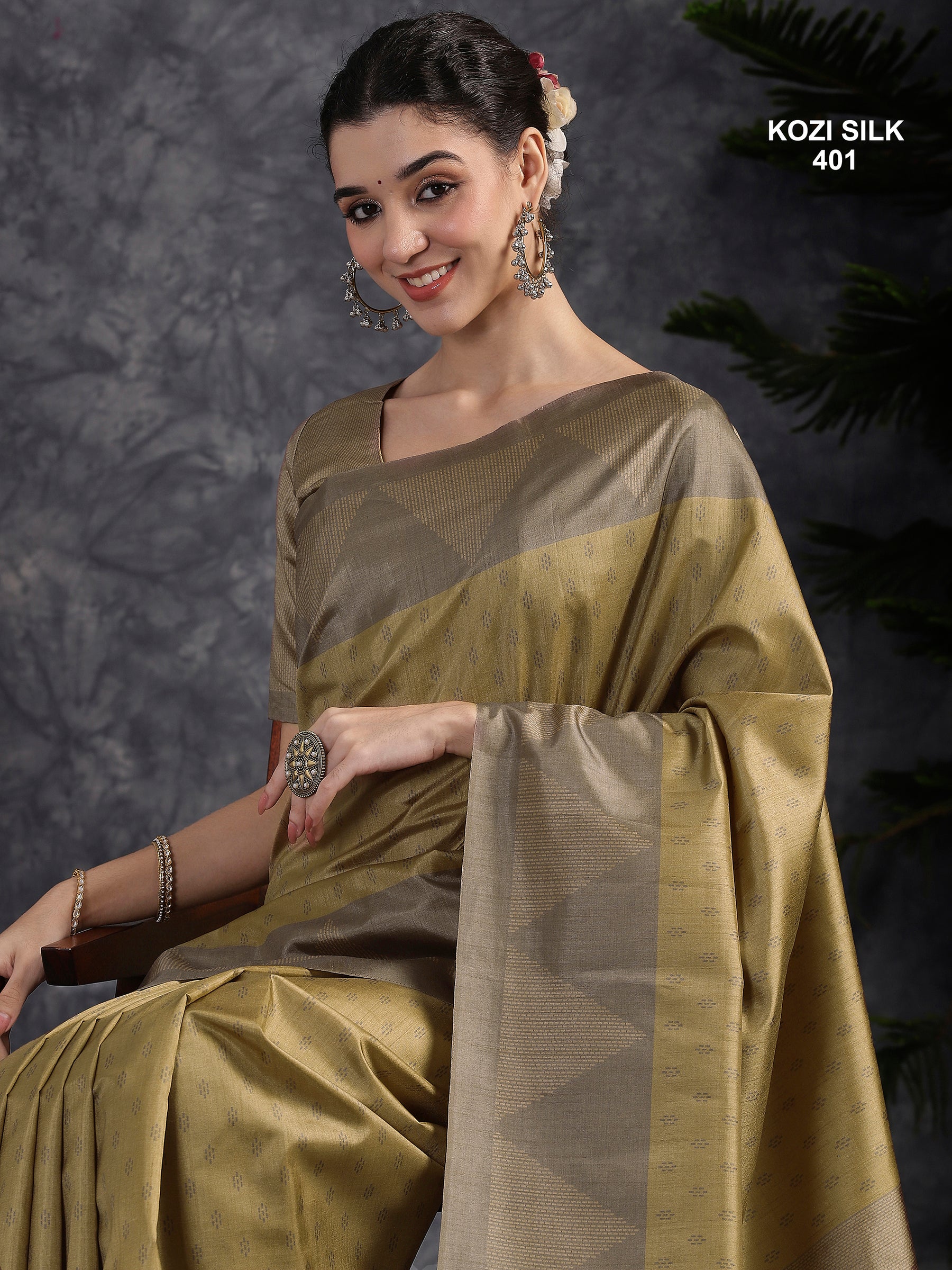 KOZI SILK-Elegant Golden Beige Kozi Silk Saree with Geometric Zari Border & Rich Pallu