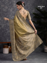 KOZI SILK-Elegant Golden Beige Kozi Silk Saree with Geometric Zari Border & Rich Pallu