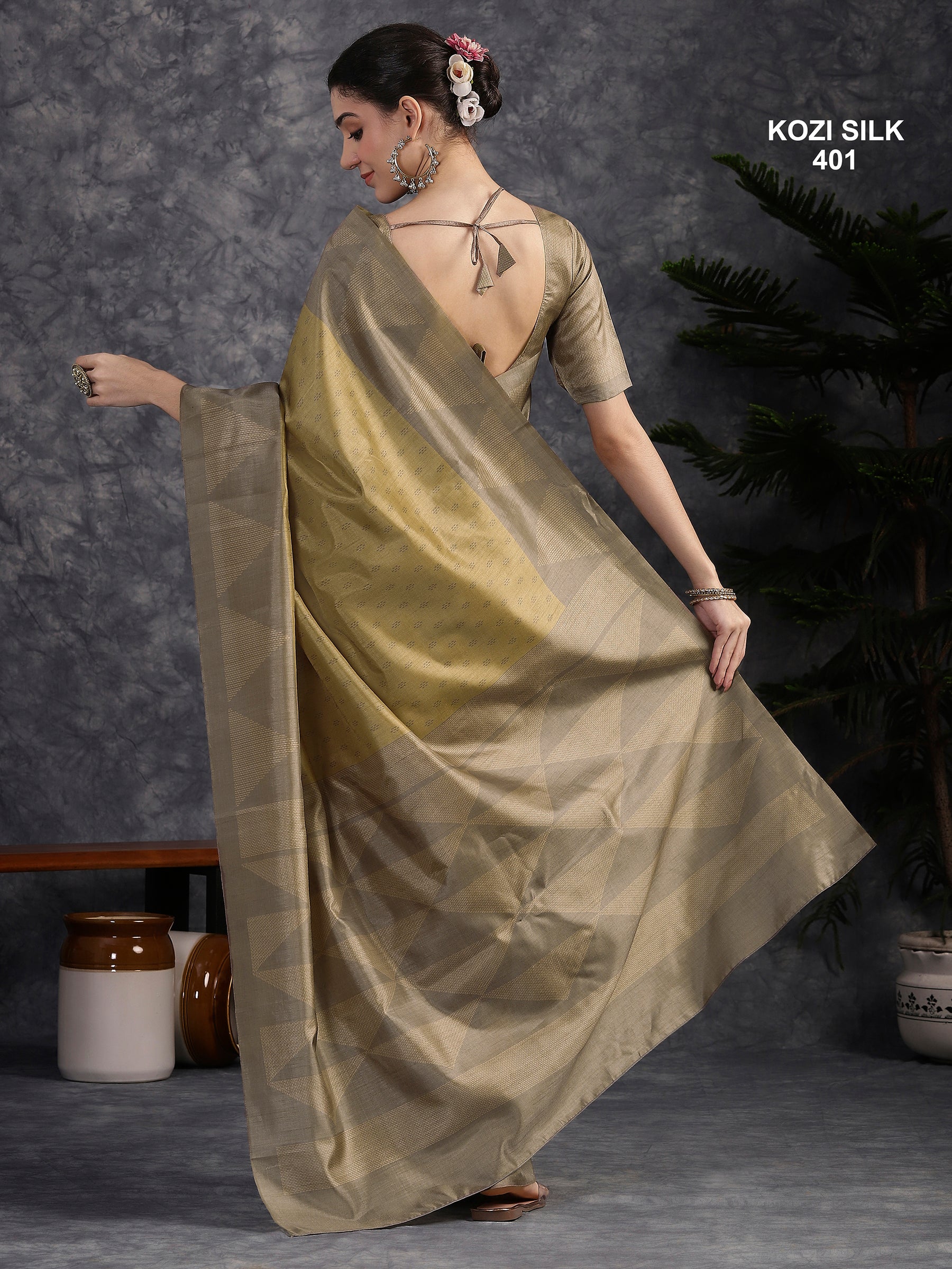 KOZI SILK-Elegant Golden Beige Kozi Silk Saree with Geometric Zari Border & Rich Pallu