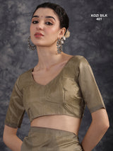 KOZI SILK-Elegant Golden Beige Kozi Silk Saree with Geometric Zari Border & Rich Pallu