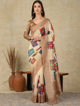 RANG TARANG-Elegant Beige Banarasi Silk Saree with Multicolor Patchwork Design & Rich Woven Border
