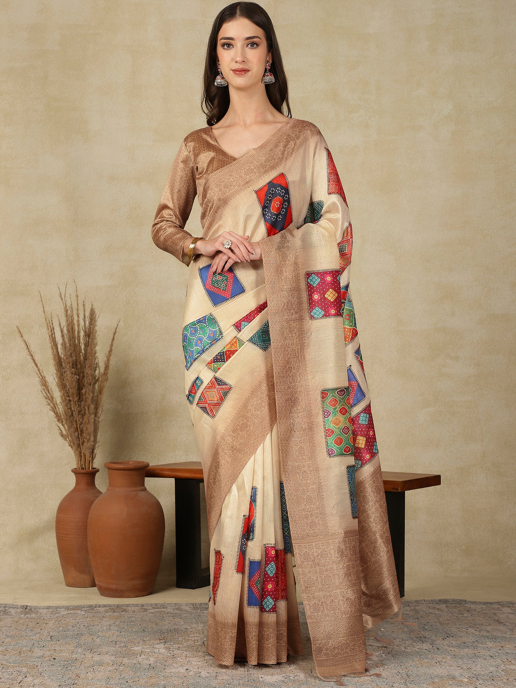 RANG TARANG-Elegant Beige Banarasi Silk Saree with Multicolor Patchwork Design & Rich Woven Border