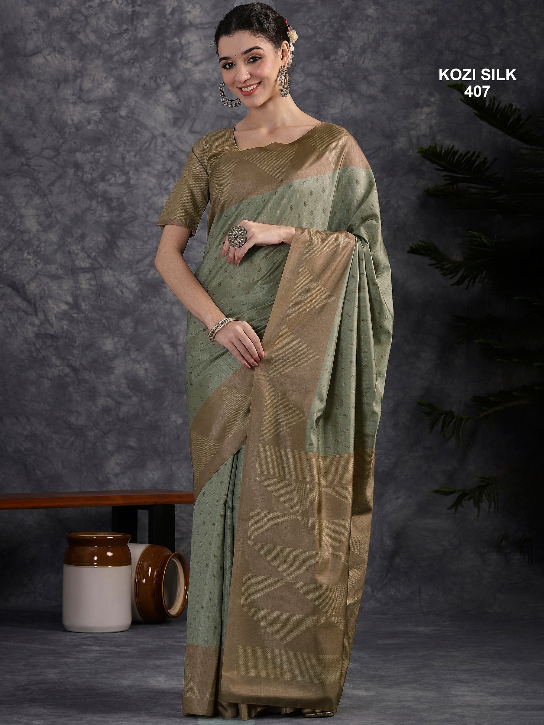 KOZI SILK-Elegant Mint Green Kozi Silk Saree with Antique Gold Geometric Zari Border & Rich Pallu