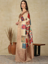 RANG TARANG-Elegant Beige Banarasi Silk Saree with Multicolor Patchwork Design & Rich Woven Border
