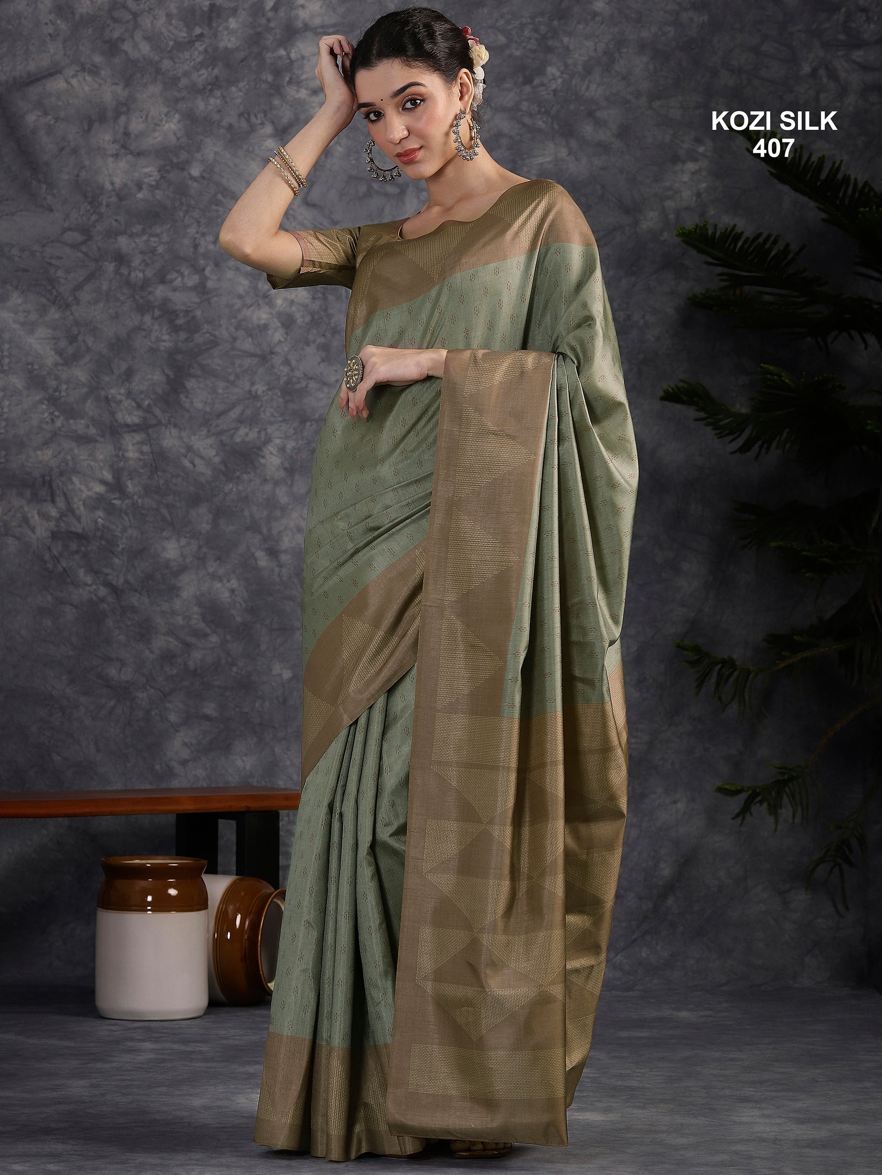 KOZI SILK-Elegant Mint Green Kozi Silk Saree with Antique Gold Geometric Zari Border & Rich Pallu