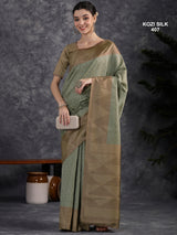 KOZI SILK-Elegant Mint Green Kozi Silk Saree with Antique Gold Geometric Zari Border & Rich Pallu
