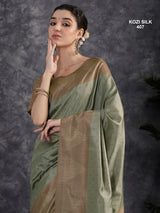 KOZI SILK-Elegant Mint Green Kozi Silk Saree with Antique Gold Geometric Zari Border & Rich Pallu