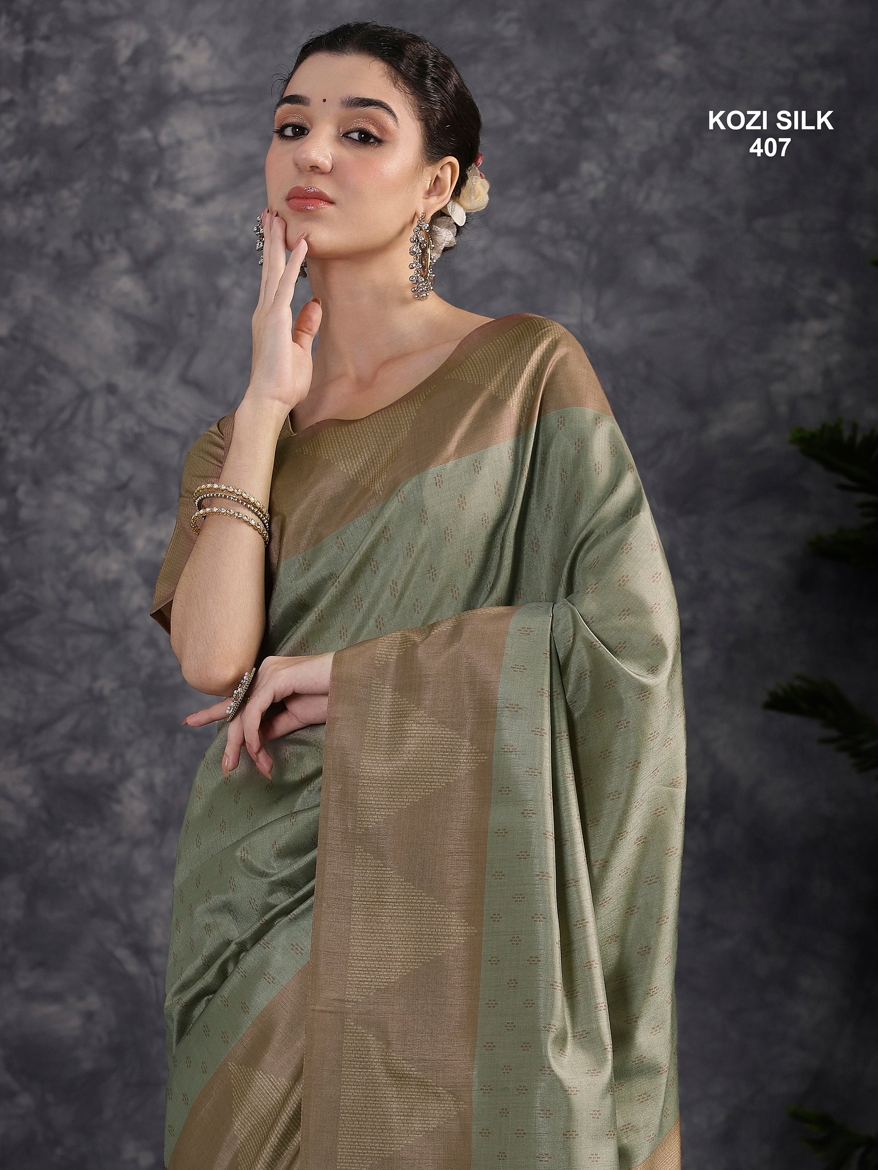 KOZI SILK-Elegant Mint Green Kozi Silk Saree with Antique Gold Geometric Zari Border & Rich Pallu
