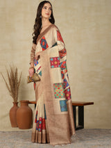 RANG TARANG-Elegant Beige Banarasi Silk Saree with Multicolor Patchwork Design & Rich Woven Border