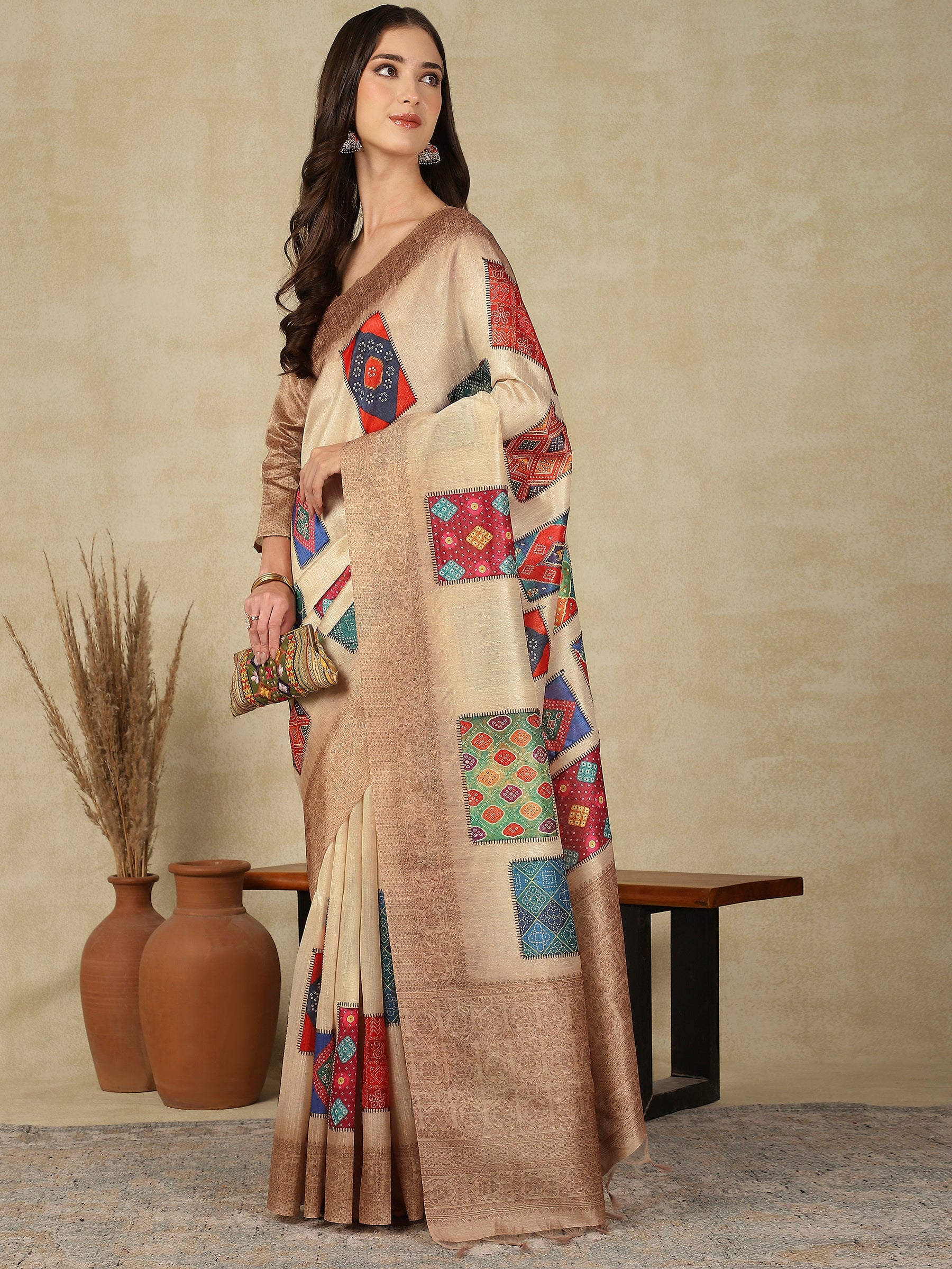 RANG TARANG-Elegant Beige Banarasi Silk Saree with Multicolor Patchwork Design & Rich Woven Border