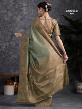 KOZI SILK-Elegant Mint Green Kozi Silk Saree with Antique Gold Geometric Zari Border & Rich Pallu
