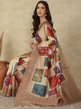 RANG TARANG-Elegant Beige Banarasi Silk Saree with Multicolor Patchwork Design & Rich Woven Border