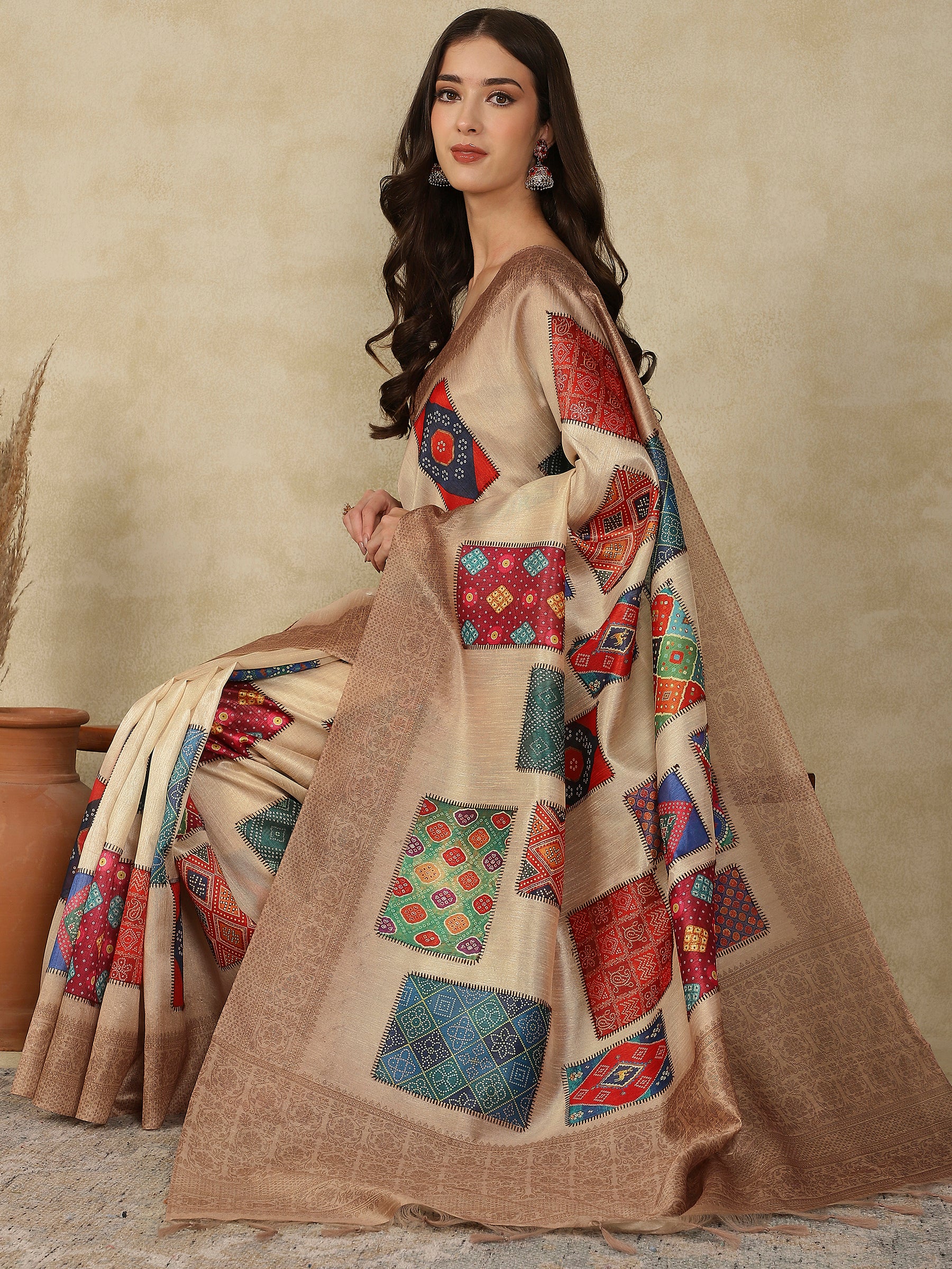 RANG TARANG-Elegant Beige Banarasi Silk Saree with Multicolor Patchwork Design & Rich Woven Border