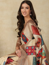 RANG TARANG-Elegant Beige Banarasi Silk Saree with Multicolor Patchwork Design & Rich Woven Border